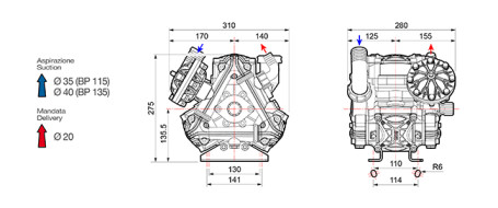 Мембранный насос Comet BP135 D (20 бар, 124 л/мин, полый вал 20 мм-ВОМ 1"3/8)